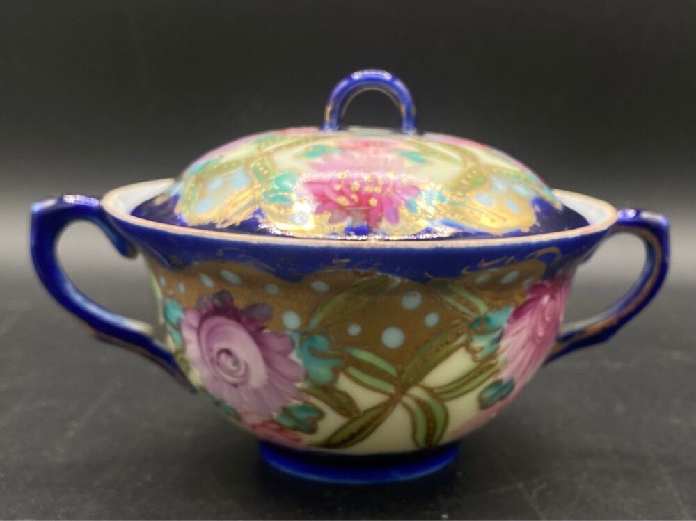 Antique Japanese Moriage Covered Sugar Bowl Blue Floral Gold Hand Painted